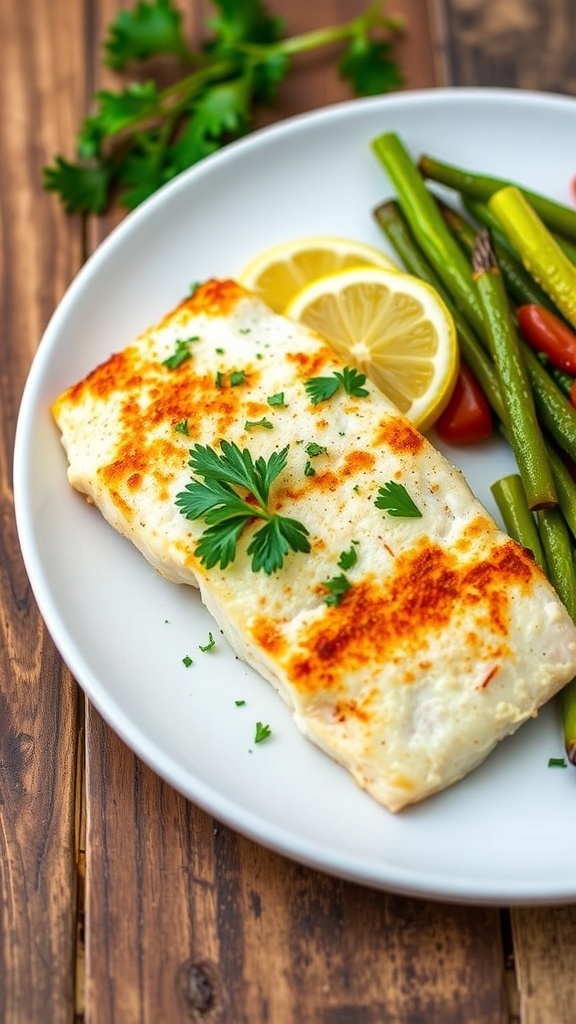 Oven-baked tilapia fillet garnished with parsley and lemon, served with vegetables on a rustic table.